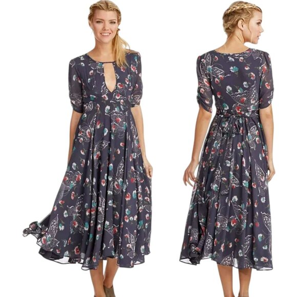Free People Bonnie Flowy Floral Midi Dress - Navy - 8 - Picture 1 of 15